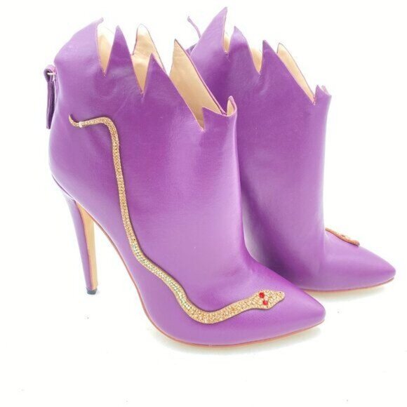 FSJ Purple Ankle Boots Pumps High Heel Color Rhinestones Pointed Toe Zipper Shoe - Picture 4 of 8